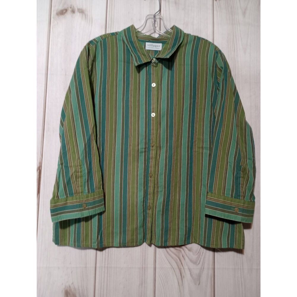 Villager Shirt Ladies 18 Green Striped Button Front 3/4 Sleeve